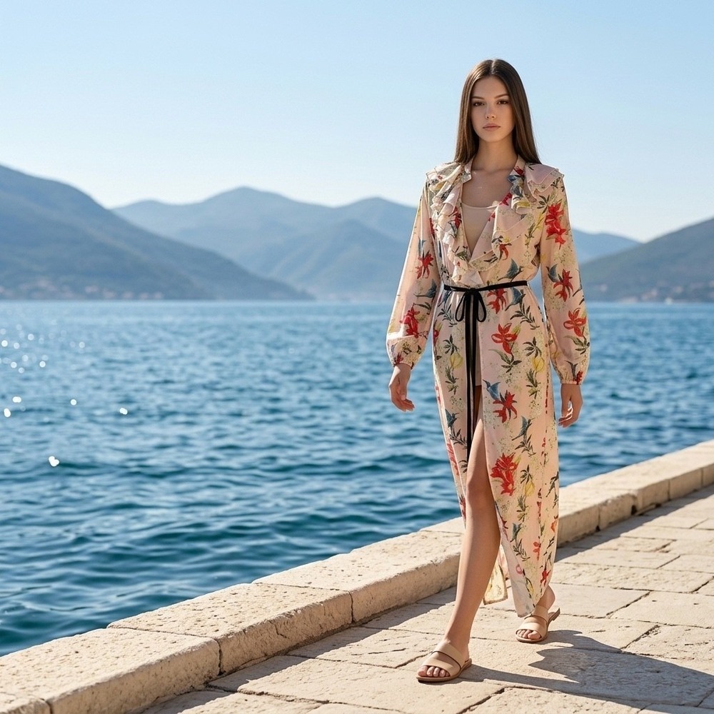 Women's Floral Print Ruffle Long Robe Duster Kimono Beach Cover-Up Tie Belt